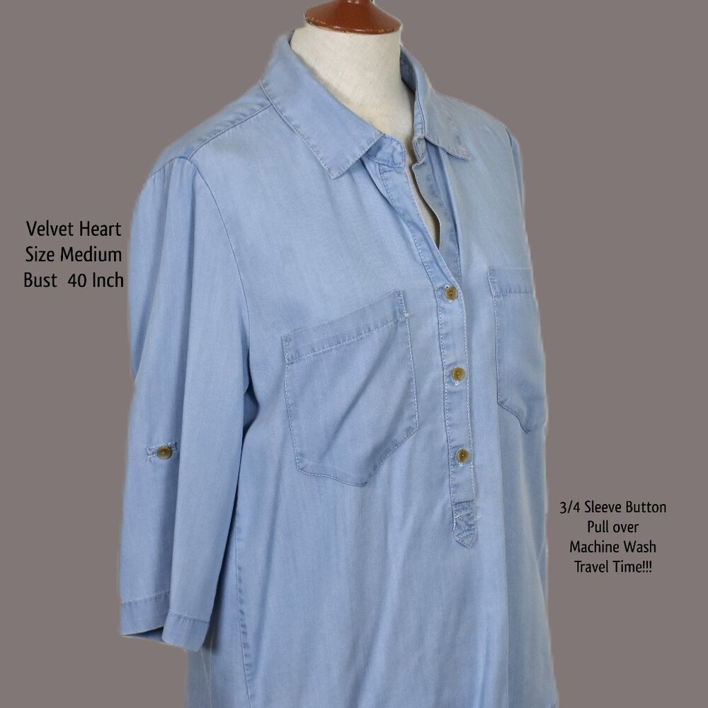 VELVET HEART Top Blouse M Light Blue Soft Material 3/4 Sleeve Collard Machine Wa